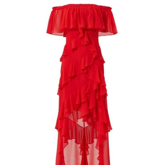 Badgley Mishka Red Off Shoulder Ruffle Gown Size 4 - Picture 3 of 10